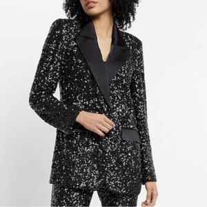 Express Black Sequin Bling Peak Lapel Tuxedo Blazer Jacket Satin Trim sz L